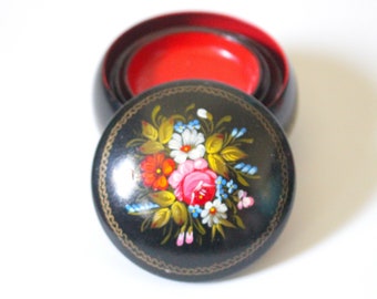 Vintage Black Floral Jewelry Boxes set Round, Soviet Union Nesting Box with Handpainted Flowers and Unique Ornament, Folk style trinket box