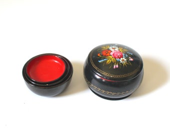 Vintage Black Floral Jewelry Boxes set Round, Soviet Union Nesting Box with Handpainted Flowers and Unique Ornament, Folk style trinket box