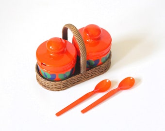 Vintage Bologna Line Emsa Spice Containers Set, 1970s Retro Kitchen Decor, Orange Floral Design Wicker Style Plastic Basket