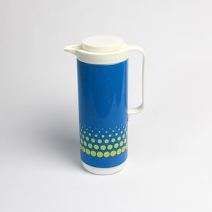 Vintage Blue Thermos with Yellow Polka Dots  1970s , Groovy Retro Picnic Companion, Best Xmas gift