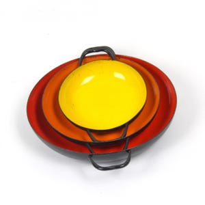Vintage 70s Enamel Pan Set of 3, Retro Polish Enamelware, Red Orange Yellow