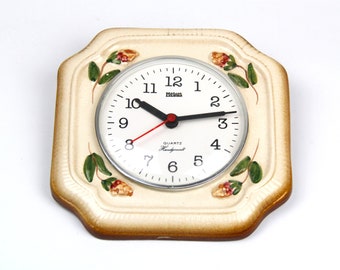 Mebus Ceramic Wall Clock 80s from Germany with Flowers ornament, Vintage Beige Shaded Unique clock Mebus, Cottage style decor floral relief