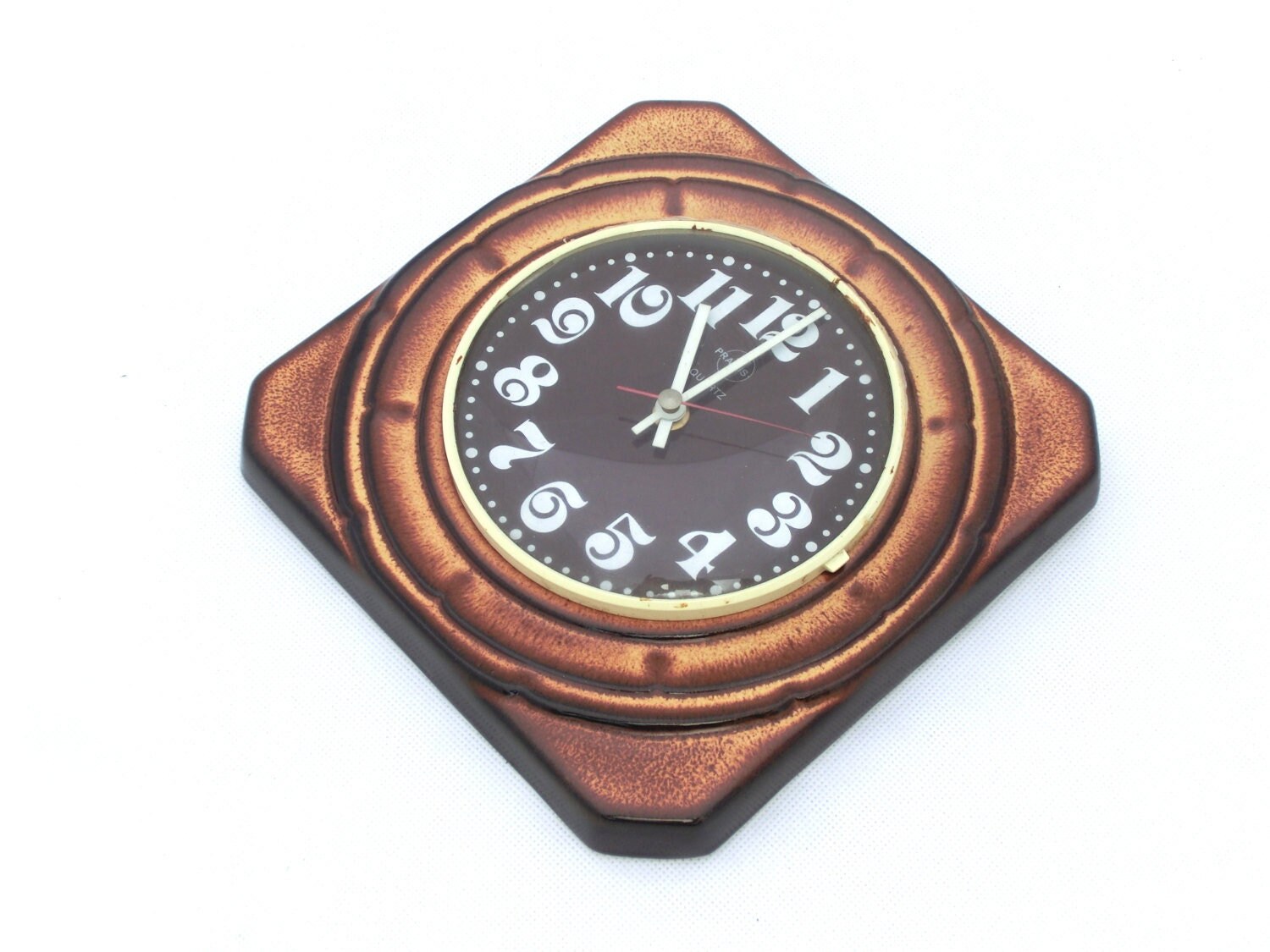 70s German Praxis Ceramic Wall Clock, Brown Shaded Vintage Kitchen Decor