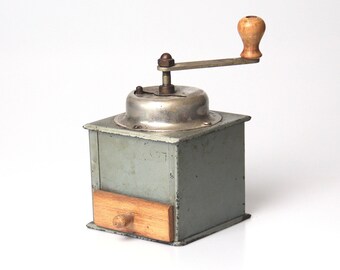 Vintage Retro Metal coffee grinder with wooden drawer