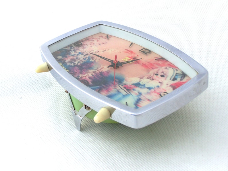 Vintage alarm clock green silver 3D clock from China 70s 80s