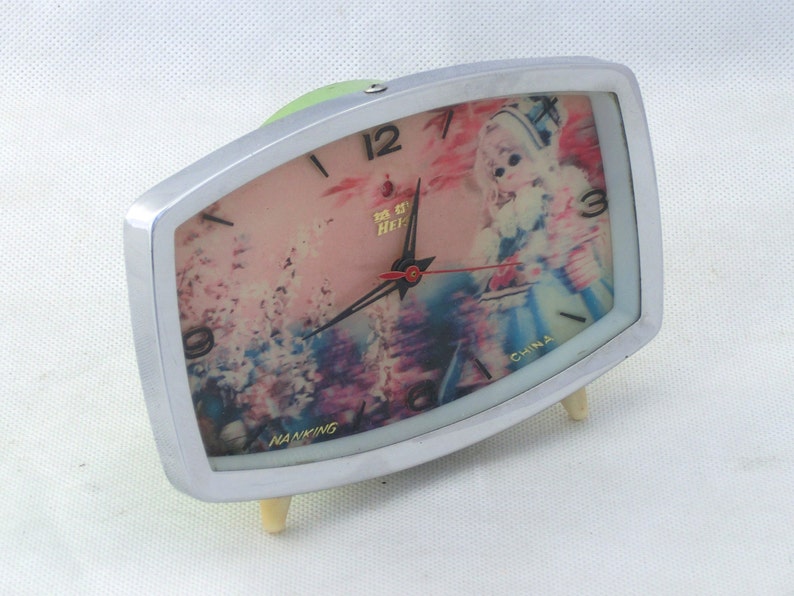 Vintage alarm clock green silver 3D clock from China 70s 80s