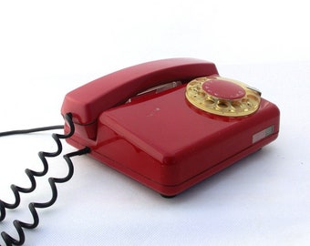 Vintage Red Rotary Desk Telephone, 1970s Polish Tulipan Phone, Retro Decor
