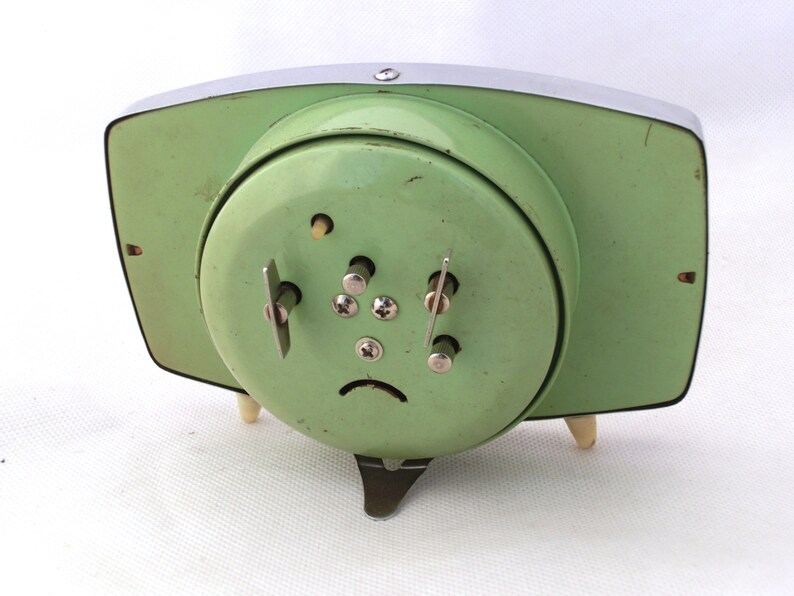 Vintage alarm clock green silver 3D clock from China 70s 80s