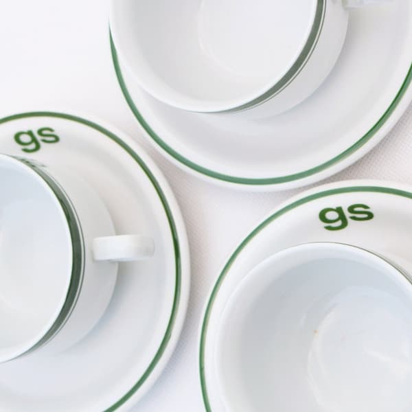 Vintage Ceramic Set, Plates with Cups from the 80s with Green Stripes Decor