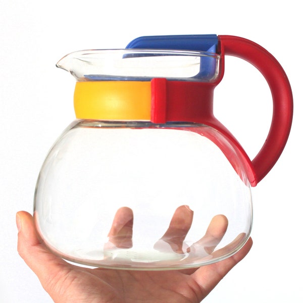 Vintage Geldo Glass Teapot from the 80s - Memphis Style Kitchenware | Red, Blue, and Yellow Plastic Elements | Postmodernism