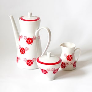Vintage Unique Lettin Porcelain Set - Coffee Pot, Milk Jug, Sugar Bowl, Red Graphic Ornament, 1970s German Porcelain