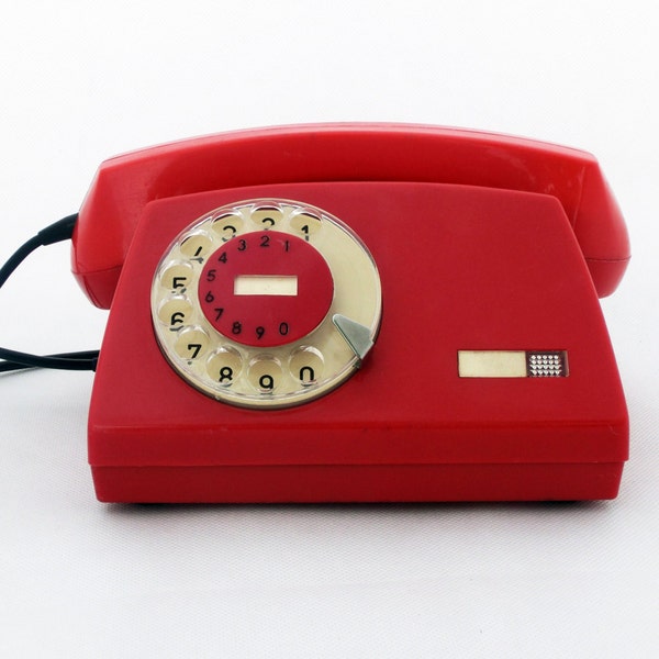 Vintage rotary telephone, Red telephone, Working rotary phone RWT, Desk telephone, Manual telephone, 70s modern design, Shiny red telephone