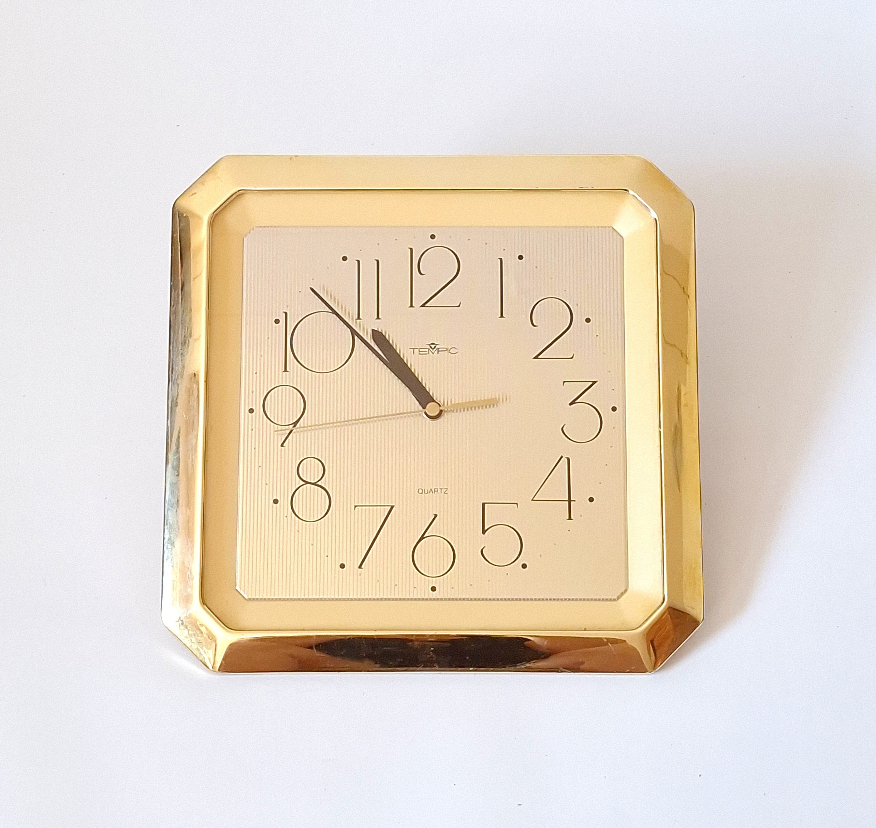 Vintage Gold Wall Clock TEMPIC - Square Plastic Shape From the 90s