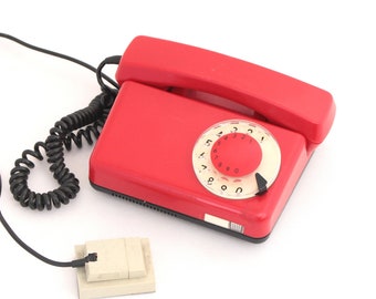 Vintage red rotary telephone from 70s, Red telephone Tulipan, Unique gift for Father