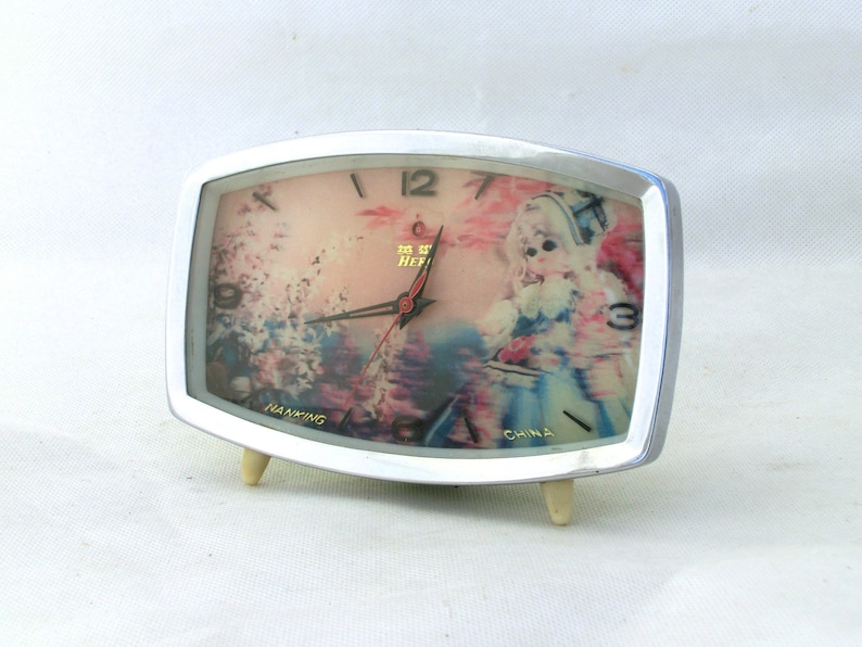Vintage alarm clock green silver 3D clock from China 70s 80s