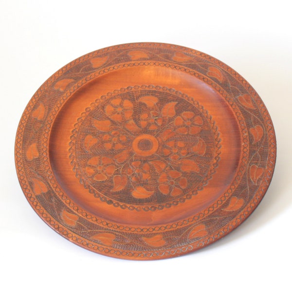 Vintage Wood Plate 36cm, Large Wood Plate 70s Hand Carved Plate in Folk style