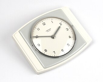 Vintage Wall Clock White Gray Junghans 70s, Ceramic clock with Germany 70s