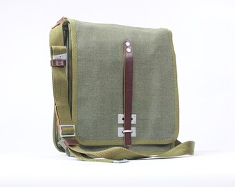 Vintage Canvas Military Bag with leather elements, Messenger Army Green khaki Bag 80s, Unisex School Crossbody Bag, Military collectibles