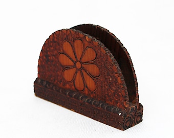 Vintage Wooden Napkin Holder Wooden Folk Decor, Hand-Burned Folk Art 1970s Primitive Naive Style, Old decorated napkin holder made in Poland