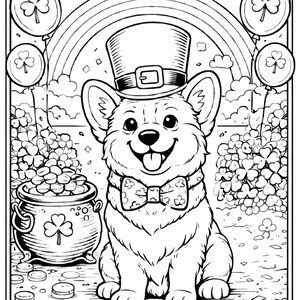 May include: Black and white illustration of a corgi wearing a top hat and bow tie, with a rainbow, shamrocks, and a pot of gold. The image has a St. Patrick's Day theme, with balloons and a garland of shamrocks.