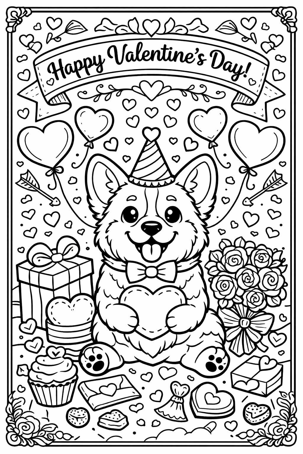 Valentine's Day Corgi Coloring Page Printable - Cute Puppy with…