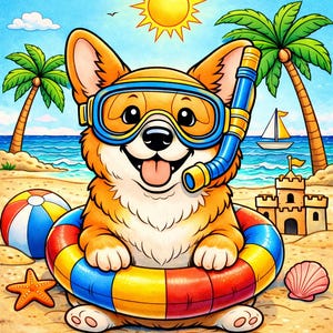Puede incluir: Ilustración de dibujos animados de un perro corgi con un esnórquel y gafas de buceo, sentado en un flotador inflable colorido en una playa de arena. El fondo incluye palmeras, una pelota de playa, un castillo de arena y un velero bajo un sol brillante.