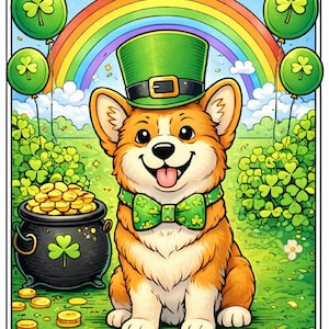 May include: A cartoon illustration of a corgi dog wearing a green top hat and bow tie, celebrating St. Patrick's Day. The dog is sitting in a field with a pot of gold, shamrock balloons, and a rainbow in the background.