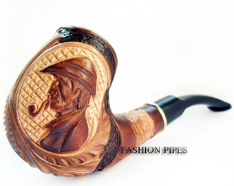 Exclusive Style Pipe "SHERLOCK HOLMES" Tobacco Pipe Smoking Pipe / Pipes Engraved Wooden Pipes. Handcrafted, Wood Pipe Limited Edition