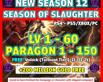 Diablo 4 Temporada 12 Subida de nivel rápida 1-60 + Nivel de leyenda 1-150 (PC/PS/Xbox)