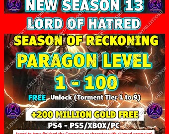 Diablo 4 Season 13 Power Leveling  1-100 Paragon Level (PC/PS/Xbox)