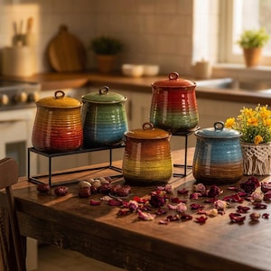 Puede incluir: Cinco recipientes de cerámica con texturas acanaladas y acabados en degradado, incluyendo amarillo-rojo, verde-azul, rojo-verde, naranja-amarillo y azul-marrón, dispuestos sobre soportes de metal negro con pétalos de flores secas esparcidos.