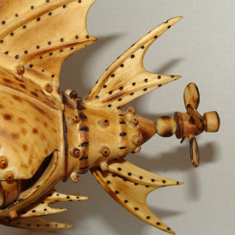 Hand carved Mechanical fish with propeller that turns by hand. Etsy