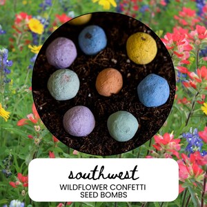 May include: A close-up of a circular arrangement of colorful seed bombs in a bed of soil, surrounded by a vibrant array of wildflowers. The seed bombs are in shades of blue, purple, orange, and green. The text "southwest WILDFLOWER CONFETTI SEED BOMBS" is displayed at the bottom.