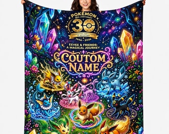 Personalized Pokemon 30th Anniversary Fanart Blanket Soft Throw,Custom Name Eeveelution Crystal Galaxy Fleece Blanket,Gift For Pokemon Fans