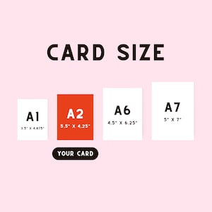 May include: Image displaying card size options: A1 (8.9cm x 12.4cm), A2 (14cm x 10.8cm), A6 (11.4cm x 15.9cm), and A7 (12.7cm x 17.8cm). The text "CARD SIZE" is at the top, and "YOUR CARD" is at the bottom. The A2 card is orange, and the others are white.