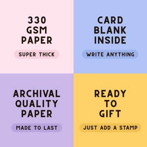 May include: A square graphic divided into four sections, each with text. Top left: "330 GSM PAPER, SUPER THICK". Top right: "CARD BLANK INSIDE, WRITE ANYTHING". Bottom left: "ARCHIVAL QUALITY PAPER, MADE TO LAST". Bottom right: "READY TO GIFT, JUST ADD A STAMP".