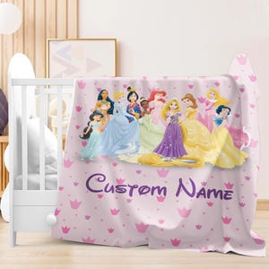 Personalized Disneyland Princess Blanket, Custom Princess Blanket Gift for Her, Cinderella Snow White Belle Jasmine Ariel Princess image 2