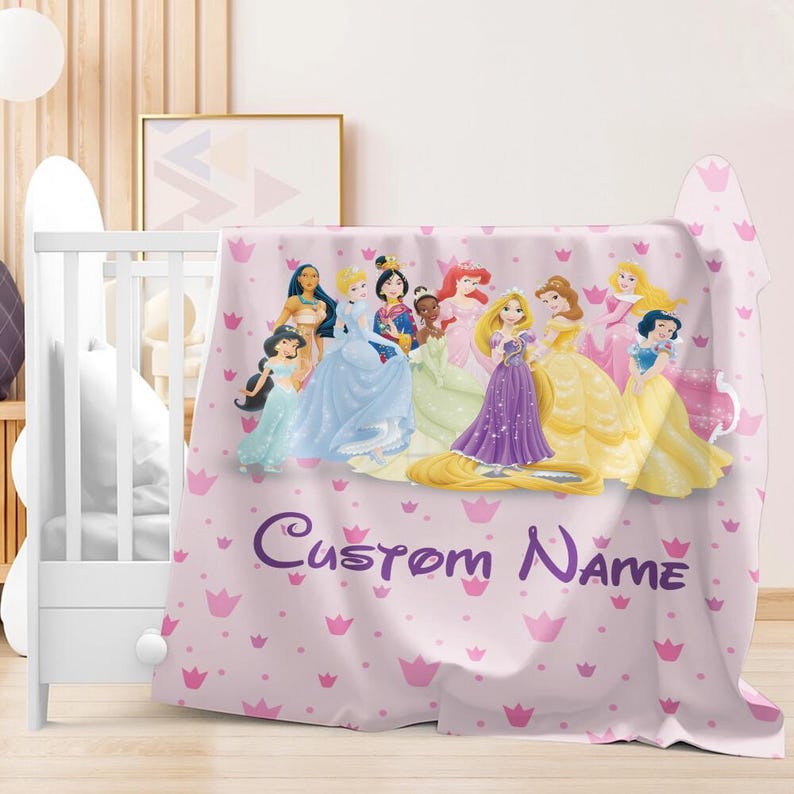 Personalized Disneyland Princess Blanket, Custom Princess Blanket Gift for Her, Cinderella Snow White Belle Jasmine Ariel Princess image 2