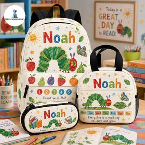 May include: A white backpack, lunch bag, and pencil case set featuring the name Noah, a green caterpillar, colorful fruits, stars, and numbers. The items display educational text including Count with Me, days of the week, and Read and Grow.