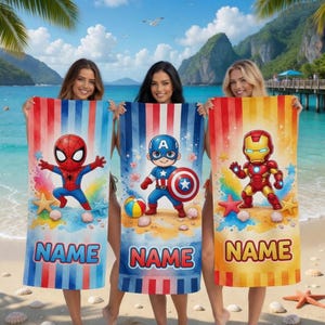 Personalized Spider-Man Beach Towel, Custom Name Microfiber Pool Towel, Summer Pool Beach Tower, Gift For Kids image 1