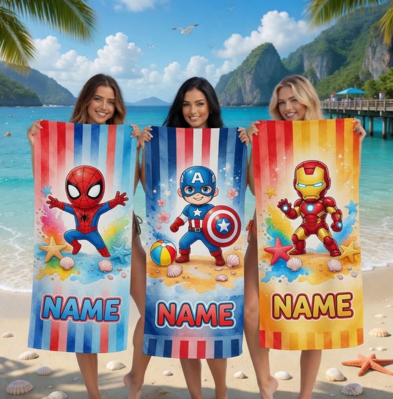 Personalized Spider-Man Beach Towel, Custom Name Microfiber Pool Towel, Summer Pool Beach Tower, Gift For Kids image 1