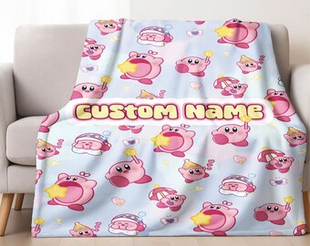 Manta personalizada de Kirby, manta rosa de Kirby, manta de videojuegos de Kirby, regalos de cumpleaños, manta polar de Kirby, manta con nombre personalizado