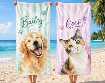 Custom Pet Beach Towel Using Pet Photo + Pet Name Personalized Cat Beach Towels, Custom Dog Personalized Towels Beach, Dog Mom Cat Mom Gift