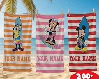 Personalized Mickey and Friends Beach Towel, Custome Name Loofy Mickey Minnie Summer Towel, Family Vacation Beach Towel