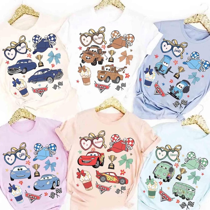 Retro Coquette Bows Disneyland Cars shirt, Lightning McQueen Mater Doc Hudson Sally Carrera Birthday Cars Family Shirt, Disneyland Girl Tee image 1