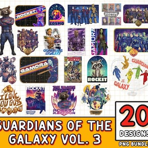 May include: A collection of 20 PNG designs featuring characters and logos from the Guardians of the Galaxy Vol. 3 movie. The designs include Rocket Raccoon, Gamora, Cosmo, and other characters in various poses and styles. The designs are in a variety of colors.