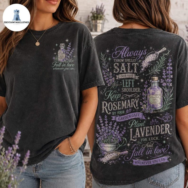 Lavender Witchy Shirt, Salt and Rosemary Tee, Witchcraft Gift for Her, Herbalist T-Shirt, Vintage Apothecary Top image 1