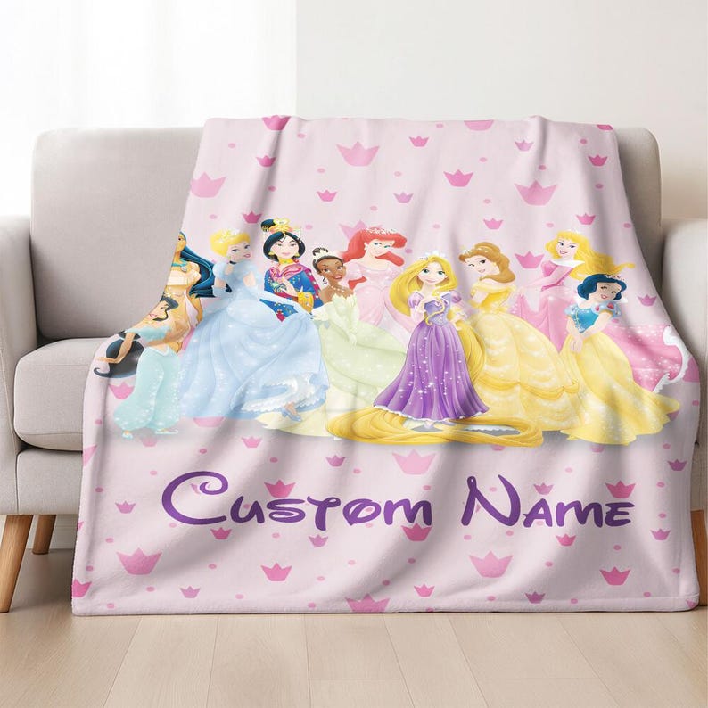 Personalized Disneyland Princess Blanket, Custom Princess Blanket Gift for Her, Cinderella Snow White Belle Jasmine Ariel Princess image 1