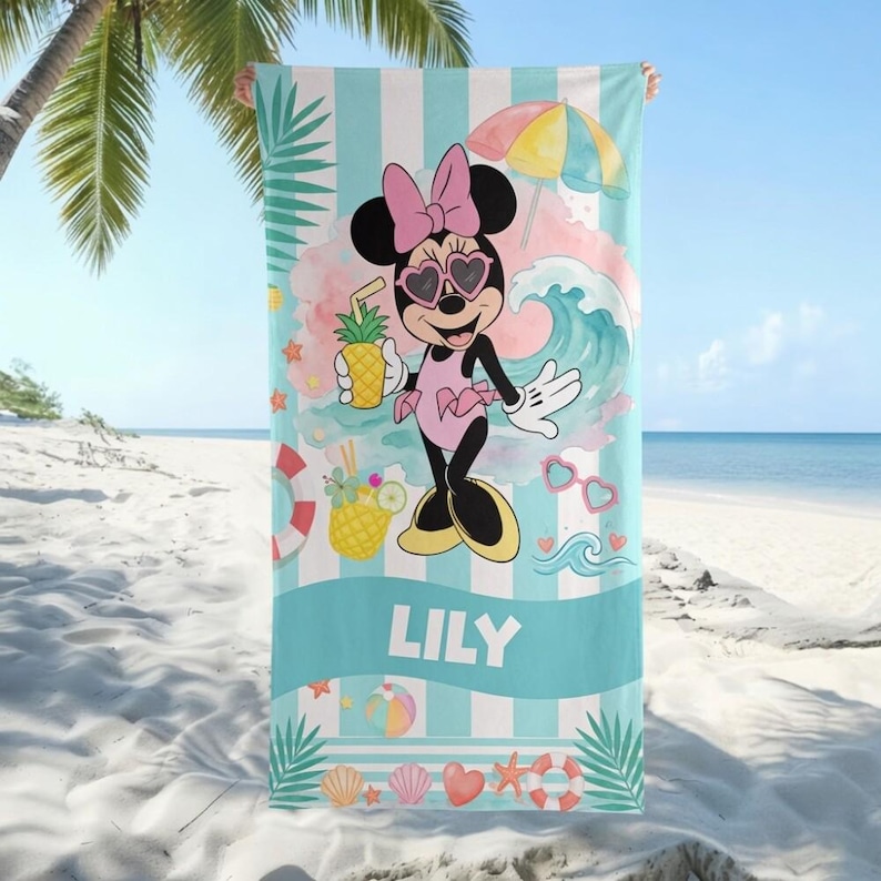 Personalized Minnie Mouse Beach Towel, Disneyland Cartoon Pool Towel, Personalized Summer Vacation Towel, Cute Minnie Mouse Gift image 1