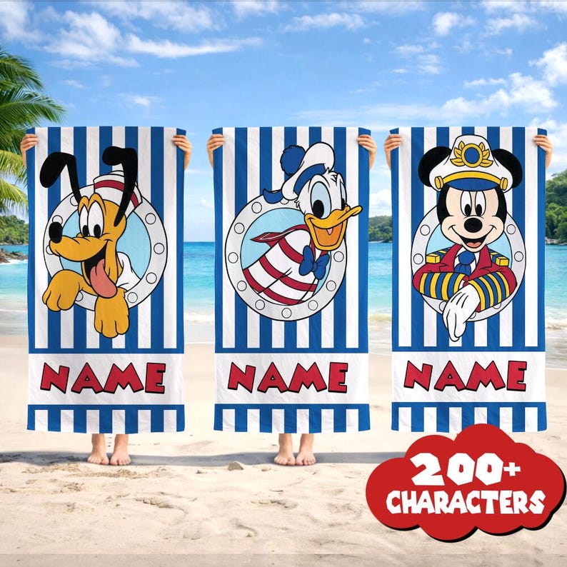 Personalized Mickey Mouse And Friends Beach Towel, Donald, Duck, Pluto, Minnie, Daisy Summer Gift beach towel, Custom Disneyland beach Towel zdjęcie 1